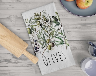 Beautiful Mediterranean Olives Soft Tea Towel, Tuscan kitchen dishtowel, Italian olive design kitchen gift. Olive oil design.
