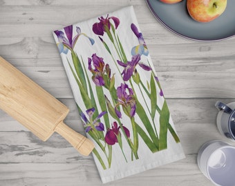 Beautiful Iris flowers Soft Tea Towel, Purple iris garden design, Purple iris kitchen dishtowel, Iris gift for kitchen.
