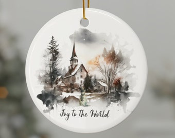 Determined セラミックオーナメントset Joy to the World、クリスマスの朝の雪に覆われた教会のシーン
