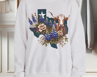 Texas Bluebonnet Unisex Sweatshirt, State of Texas Crewneck Sweater, Floral Sweater, Spring Fashion, Botanical Graphic Top, Texas cows