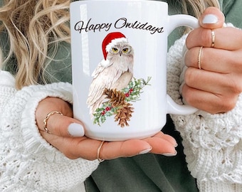 Taza de cerámica de búho, regalo navideño de búho, amante del café y el té, arte del bosque, felices fiestas, taza de 15 oz