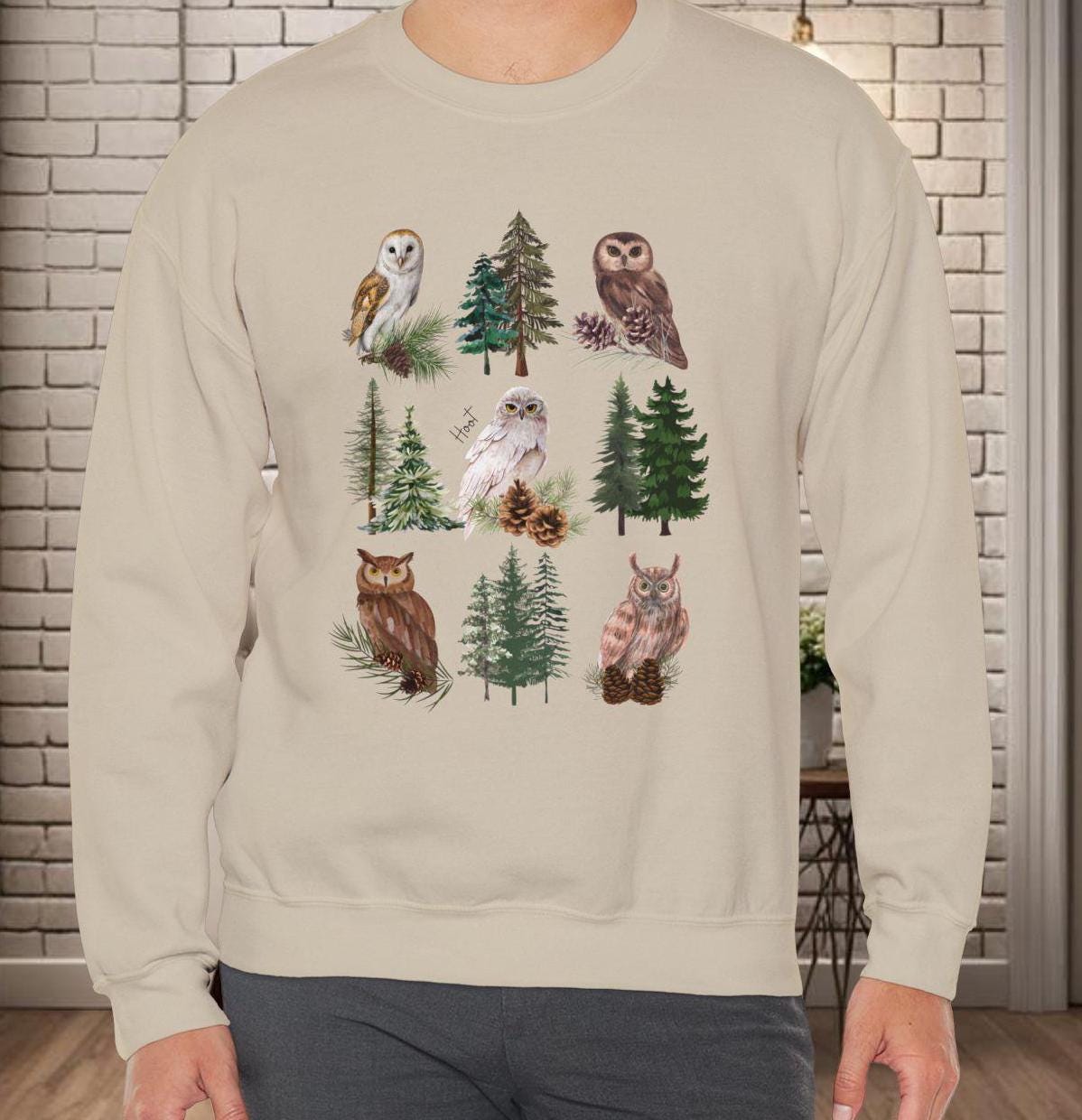 Woodland Owls Sweatshirt, Nature Lover Gift, Cottagecore sweater, Evergreen Trees Art, Unisex Pullov