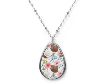 Hawaiian tropical print design Oval Necklace, Hibiscus flower pendant, Fun Hawaiian gift to wear. Hawaiian themed pendant with coconuts.