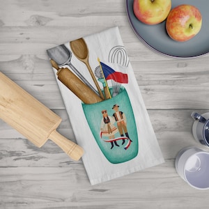 Czech Kitchen Soft Tea Towel, Beautiful Czech design with flag of The Czech Republic. Decorative kitchen gift.