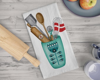 Danish Kitchen Soft Tea Towel, Beautiful Danish design with flag of Denmark. Decorative kitchen gift. Large cotton towel