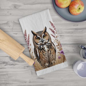 Woodland Owl and Lavender Flowers Tea Towel, Kitchen Decor, Gift for Owl Lover, Cotton Dishtowel - Kitchen Towel, Home Decor, Housewarming