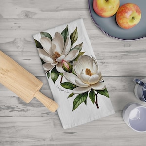 Magnolia Flower Tea Towel, Southern Kitchen Decor, Gift for Mom, Decorative Towels, Floral Dish Cloth, Botanical Home Decoration
