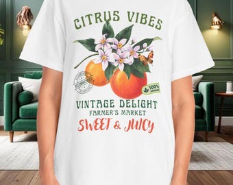 Camiseta vintage de naranjas cítricas: camiseta gráfica del mercado agrícola