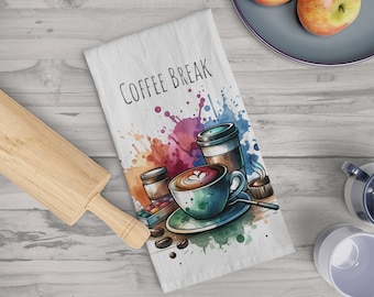 Coffee Break Tea Towel, Watercolor Coffee Art Kitchen Decor, 100% Cotton Barista Gift