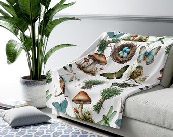 Sherpa Fleece Blanket - Beautiful Cottage Core Throw, Nature Lover Blanket, Sofa Throw for Gardener, Nature and Woodsy Home Decor