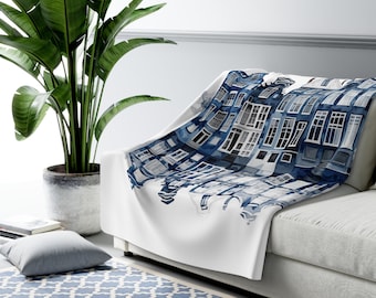 Delft Blue Dutch Canal Houses throw blanket , Sherpa Fleece Blanket, Beautiful Holland homes design. 50 x 60 or 60 x 80 inch