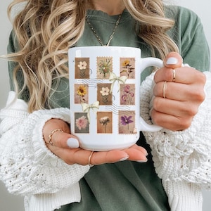 Floral Vintage Postcard Mug, Botanical Coffee Cup, Cottage Core Flower Lover Gift, Home Decor, Mother&#39;s Day, Tea Time Ceramic 15oz Mug