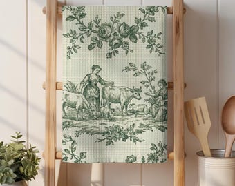 Vintage Toile French Country Farm Scene Tea Towel | pastoral cows, floral border
