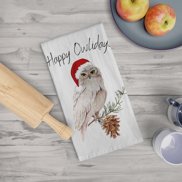 Christamas owl Soft Tea Towel - Happy Owlidays Christmas kitchen towel