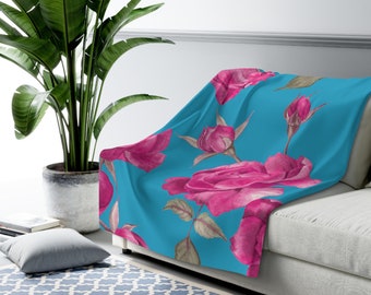 Beautiful Pink Roses and Turquoise Luxury Throw Blanket Sherpa