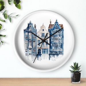 Beautiful Amsterdam Canal Houses Wall Clock, A touch of Holland wall clock. Delft Blue Canal House design home decor. 10 inch diameter
