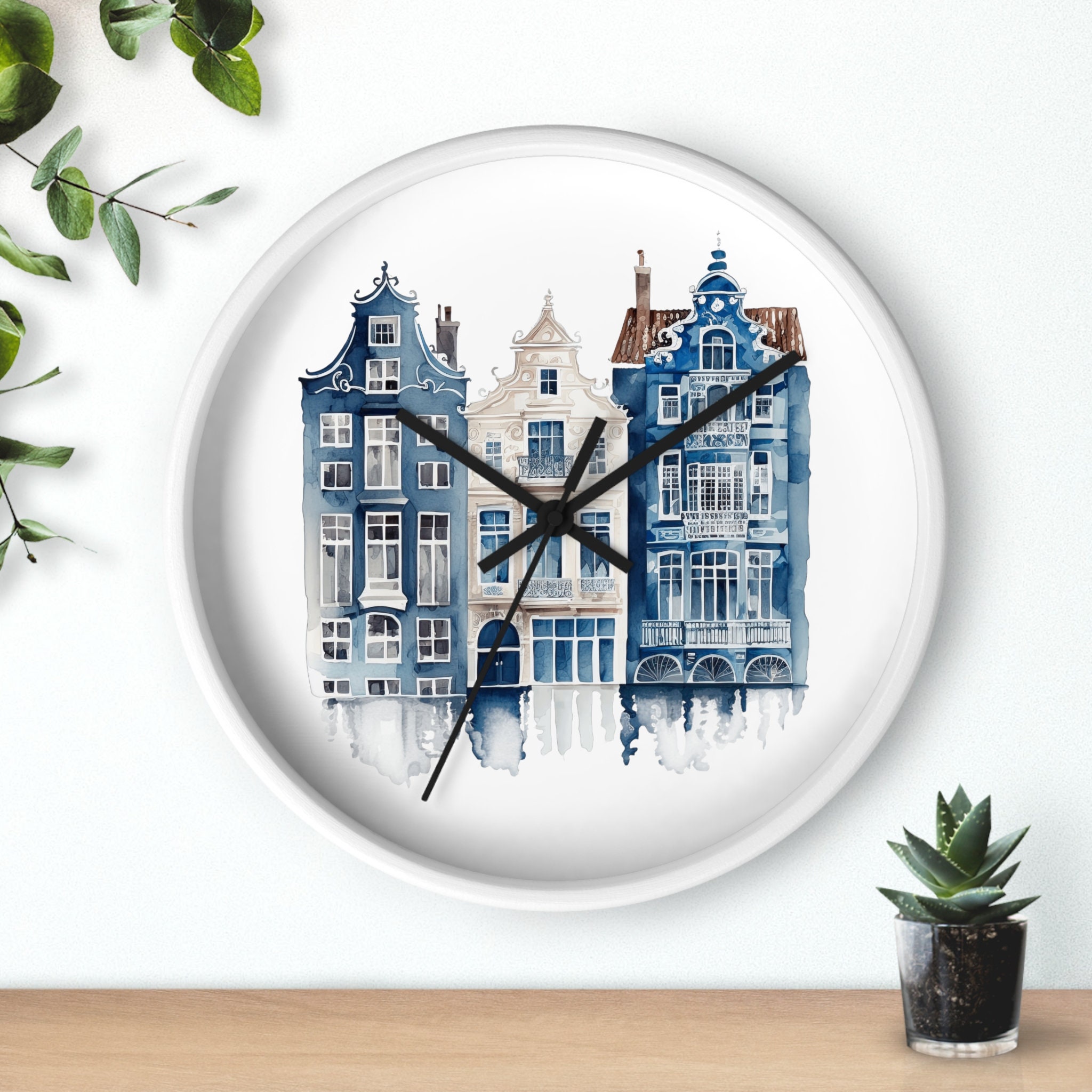 Beautiful Amsterdam Canal Houses Wall Clock, A touch of Holland wall clock. Delft Blue Canal House design home decor. 10 inch diameter