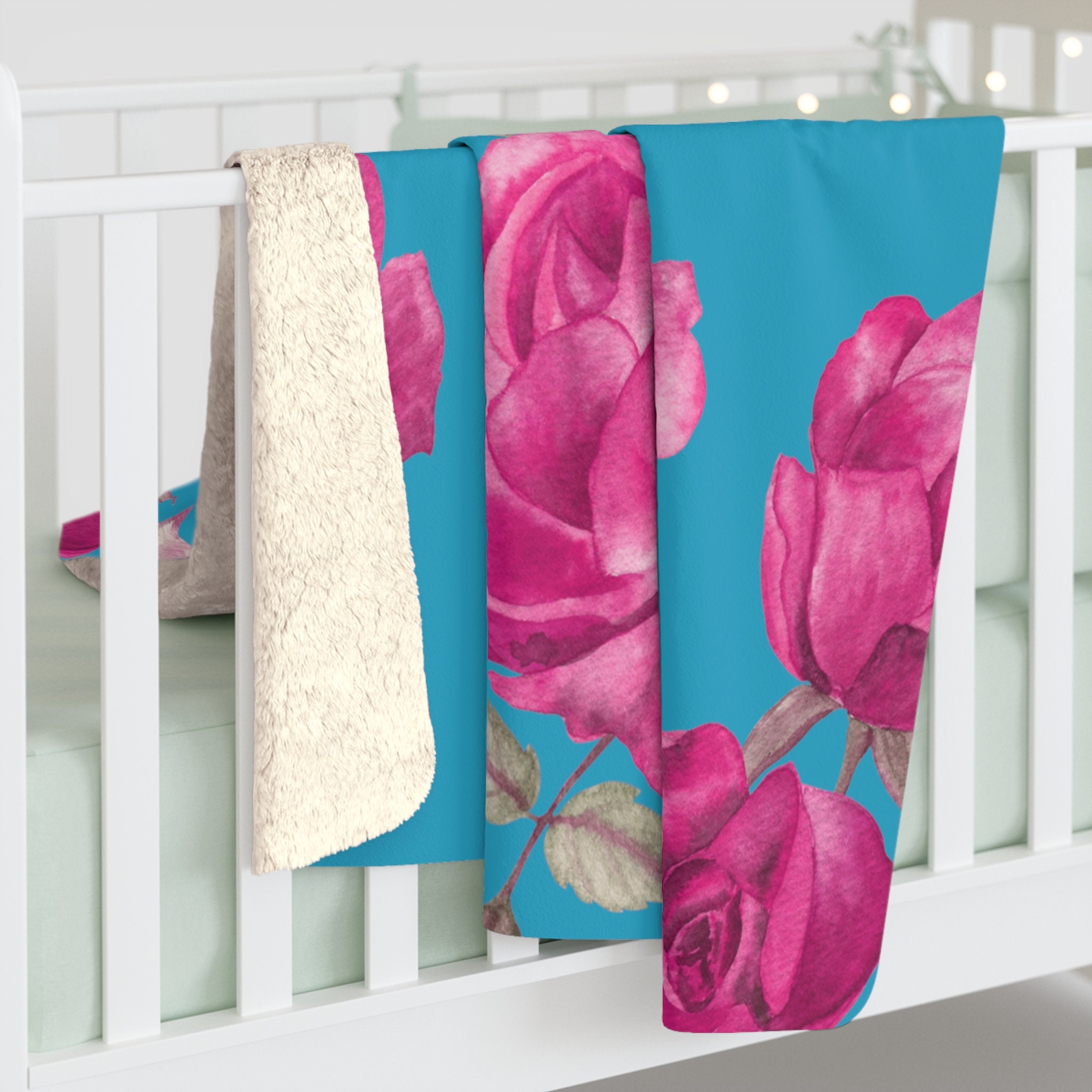 Plush Roses Throw Beautiful Pink Roses and Turquoise Luxury Throw Blanket , Sherpa Fleece ...