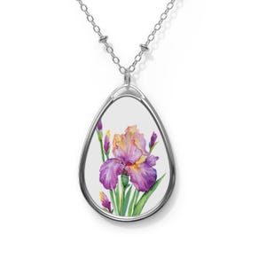 Iris Pendant Necklace, Beautiful Iris Flower Jewelry, Floral Oval Charm, Nature Inspired Gift, Mother&#39;s Day Present, Birthday Gift for her