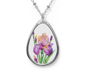 Iris Pendant Necklace, Beautiful Iris Flower Jewelry, Floral Oval Charm, Nature Inspired Gift, Mother's Day Present, Birthday Gift for her
