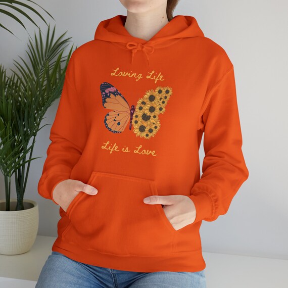 LawrencegiftDesigns Loving Life Hoodie Life Is Good. Unisex Heavy Blend Hooded Sweatshirt with Sunflower and Butterfly Design
