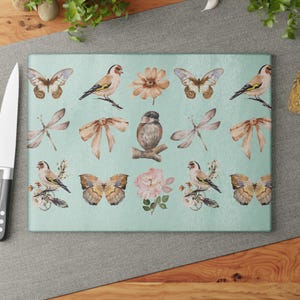 Woodsy Glass Cutting Board, Cottage Core Design, Housewarming Gift, Nature Birds Kitchen Decor, Neutral Theme Cutting Board, Nature home