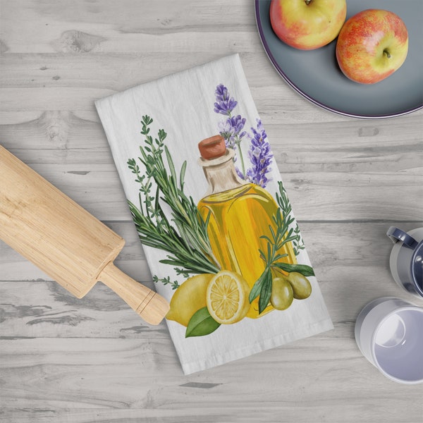 Beautiful herbs, lemons and olives Tuscan style Soft Tea Towel, Rustic Kitchen herbs design. Provencial kitchen decor