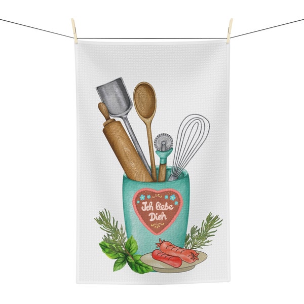 German kitchen Soft Tea Towel, Ich Liebe dich German for I love you. Hearty German culinary design with herbs and sausage.