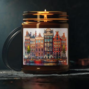 Amsterdam canal house Scented Soy Candle, Holland candle, Canal House watercolor art, Dutch gift, Gift for world traveler,