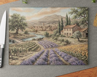 Tagliere in vetro con paesaggio toscano e campo di lavanda / Decorazione rustica per cucina in stile fattoria