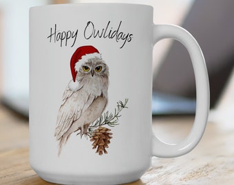 Taza navideña de cerámica de 433 ml, taza de café con diseño de búho, regalo para los amantes de los búhos. Taza de cerámica para té, regalo navideño para los amantes del café.