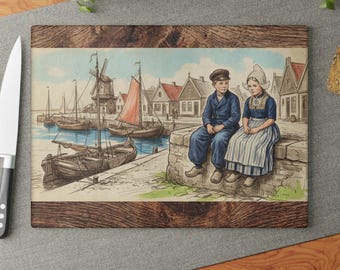 Dutch Harbor Scene Tempered Glass Cutting Board | The Netherlands Vintage Style Artwork