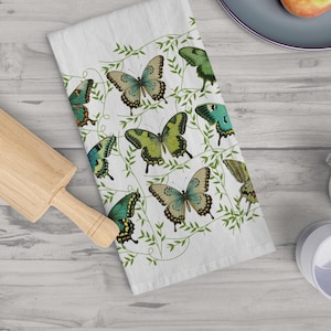 Green Butterflies Tea Towel, Botanical Kitchen Towel, Nature Lover&#39;s Gift, Botanical Decor, Kitchen Linens, Butterfly Lover Gift, Green
