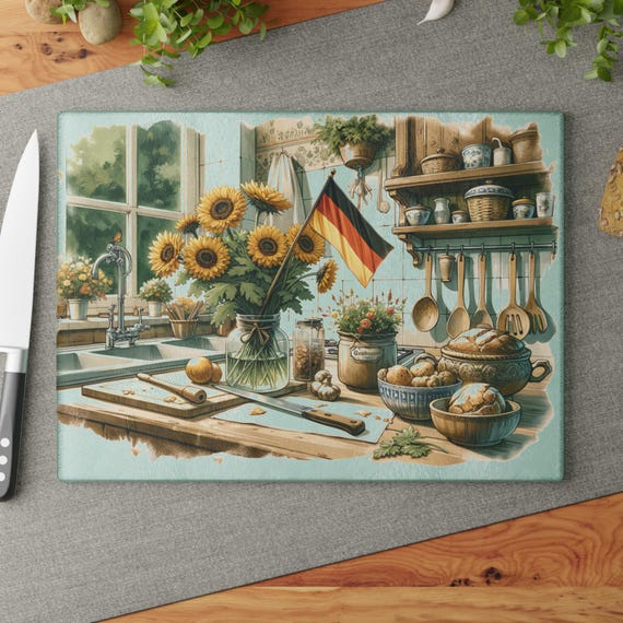 German Kitchen Cutting Board - German Heritage Gift, Glass Board, Decorative Kitchen Decor, Food Prep Surface, Unique Housewarming Present