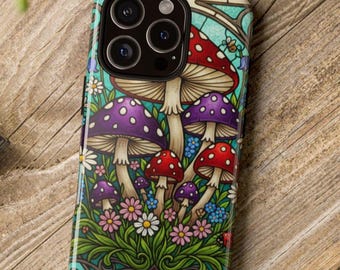 Mushroom Phone Case, Cottagecore Fairy Stained Glass Style Tough Case, Protective Cover, Unique Design, Gift for Her, Floral Boho art