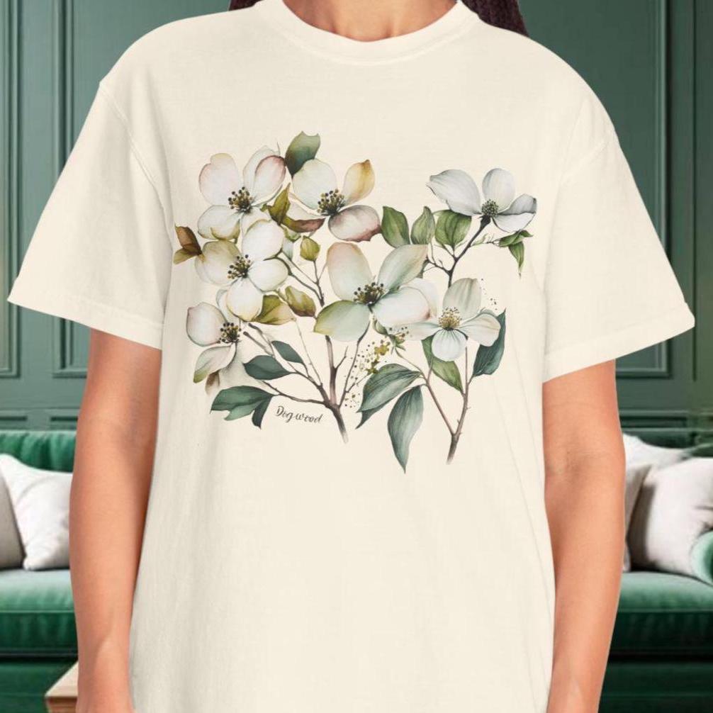 ハナミズキの花柄Tシャツ、ボタニカルプリントのソフトコットンTシャツ