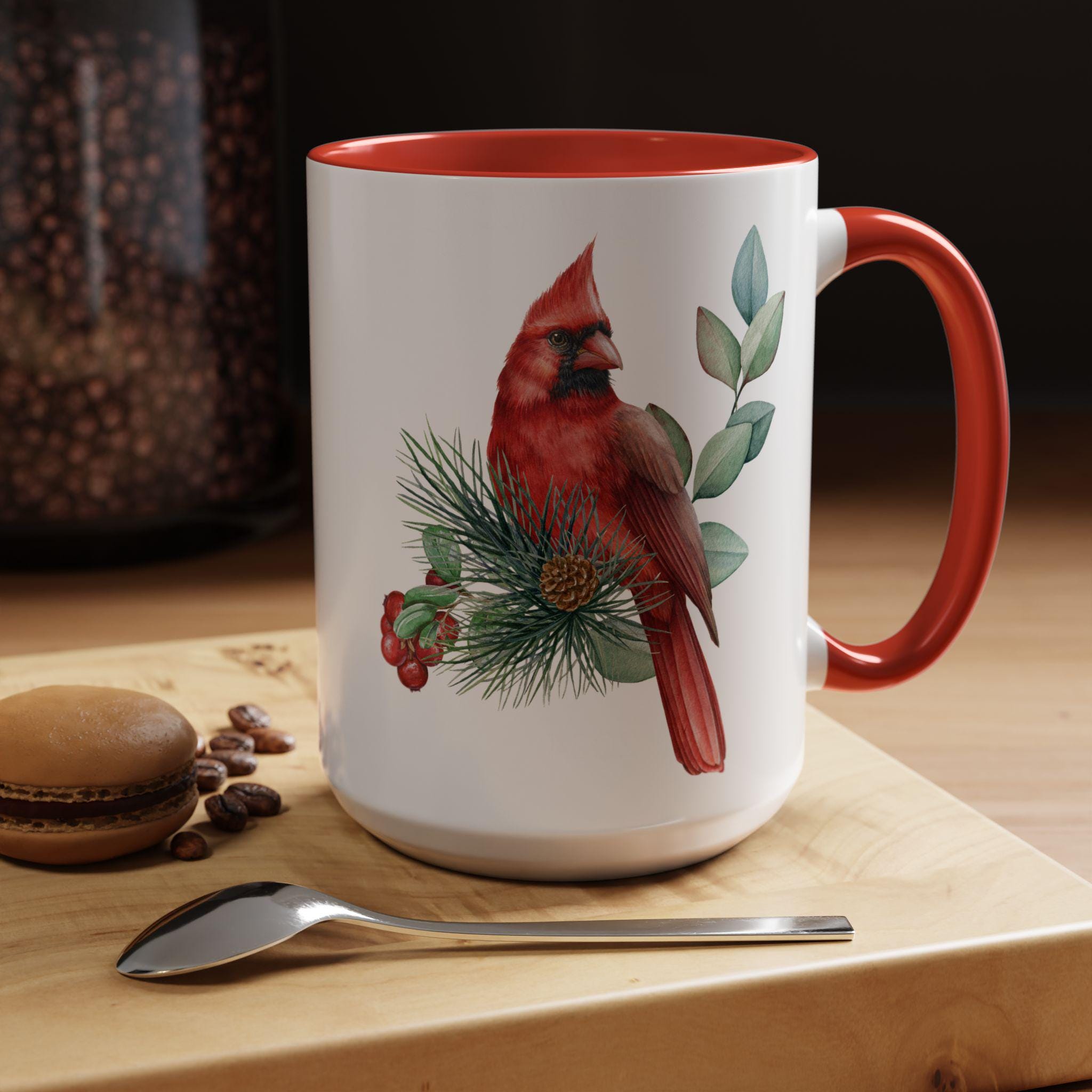 Red Cardinal Christmas Winter Ceramic Coffee Mug, Bird Lover Gift, 15oz Cup, Tea Cup, Holiday Kitchen Decor, Nature Art Mug