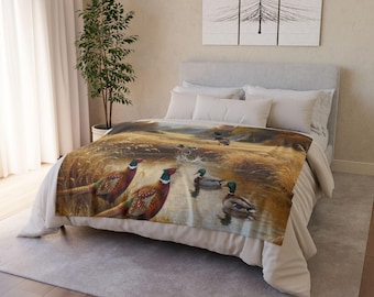 Mallard Ducks and Pheasants Blanket | Wildlife Hunting Scene, Rustic Cabin Throw