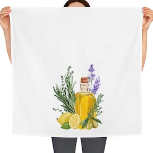Olive Oil , Lavender and Rosemary Tea Towel, Italian Decorative kitchen towel. Tuscan and Provence inspired kitchen towel.