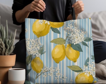 Lemon Hydrangea Pattern Tote Bag | Blue Striped Citrus Floral Print