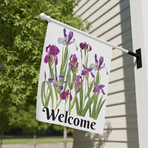 Bellissimo banner per giardino e casa viola Iris, arredamento per la casa in fattoria, arredamento per la casa di campagna.