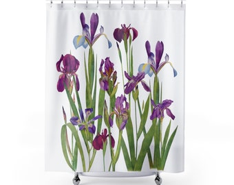 May include: A shower curtain featuring a watercolour illustration of purple and blue irises with green leaves on a white background.