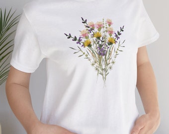 Summer wildflowers Jersey Short Sleeve Tee, Meadow flowers design on t-shirt, Summertime apparel