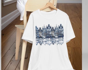Amsterdam-Grachten-Hemd Holland Tshirt Niederländisches Erbe Reisegeschenk Unisex Bekleidung Delft Blue T-Shirts Häuser Architektur Design Niederlande