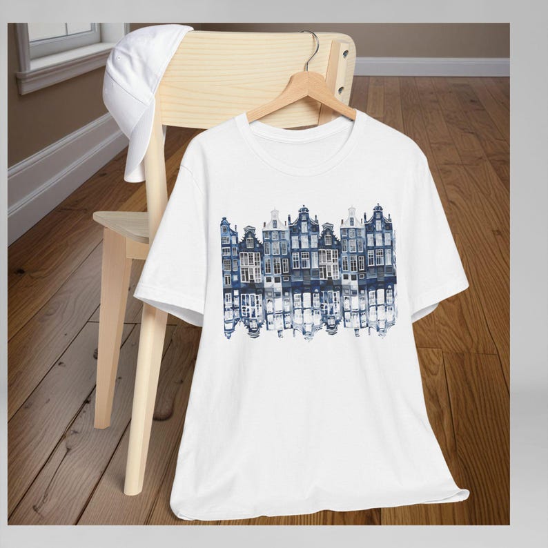 Amsterdam Canal Houses Shirt Holland Travel Souvenir Unisex Jersey Tee Dutch Heritage Gift Delft Blue Design Netherlands Architecture Print Comfortable Cotton Apparel Casual Wear Graphic Top European Travel Gift World Traveler Present