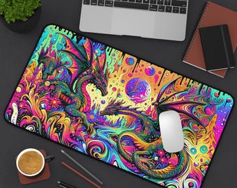 Neon Dragon Desk Mat, Cool Fantasy Gaming Mat, Psychedelic Office Decor, Gamer gift , Gaming Setup, XL Mouse pad, Neon gift for gamers