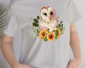 Beautiful Owl and Sunflowers Short Sleeve Tee, Owl T-shirt for
