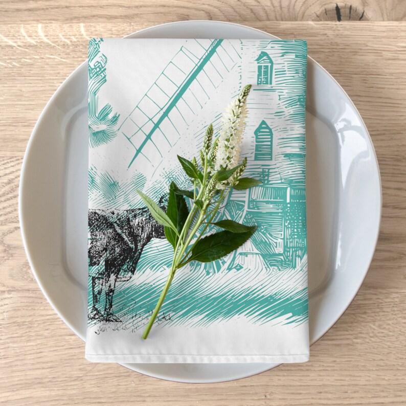 Beautiful Dutch Windmill and Countryside Cloth Napkins, 4 Piece Set