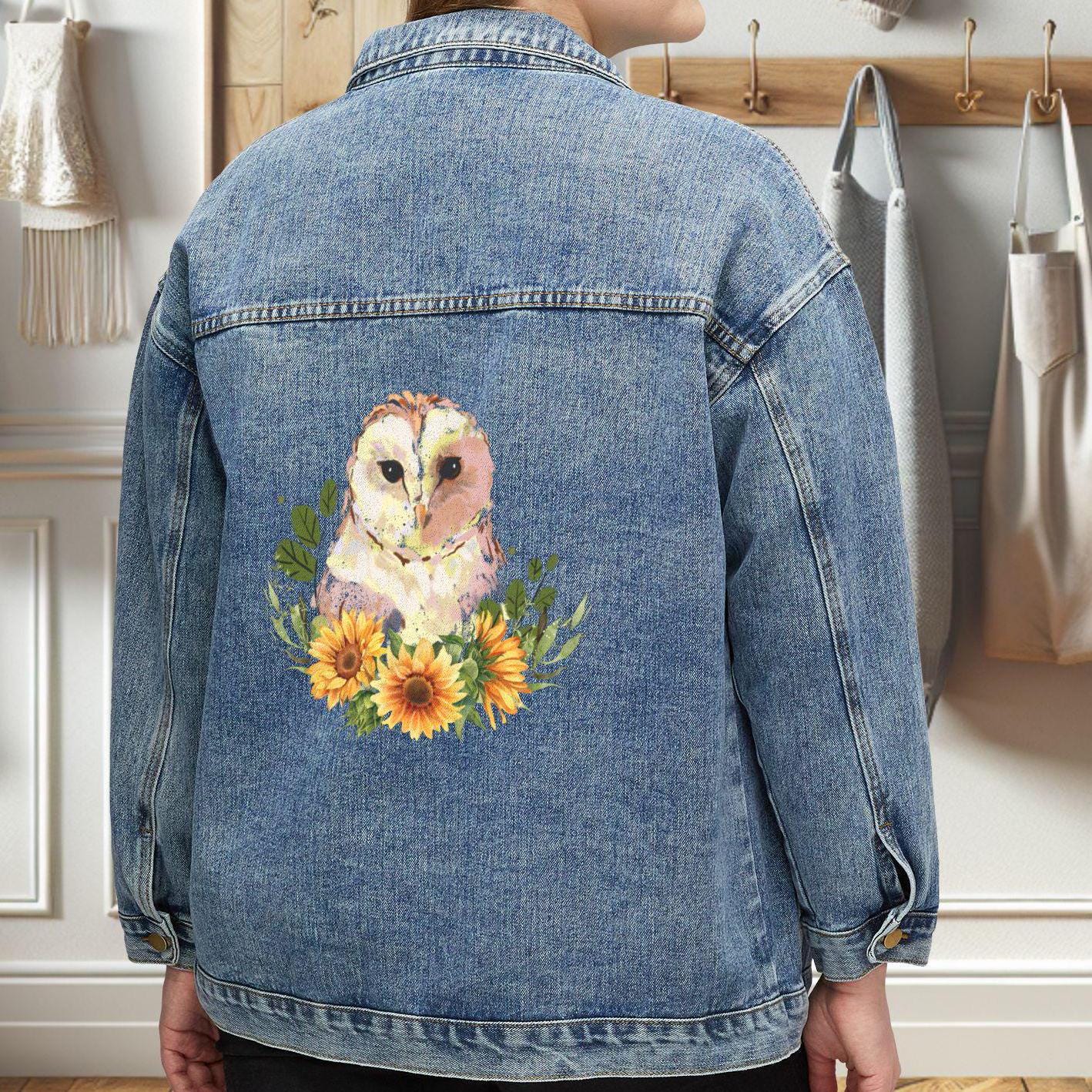 HUMAN Made フクロウ ハート ワークジャケット フクロウとひまわりのデニムジャケット、鳥のアートが描かれた