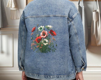 Denim Jacket, Red Poppies Women's Outerwear, Floral Art Clothing
